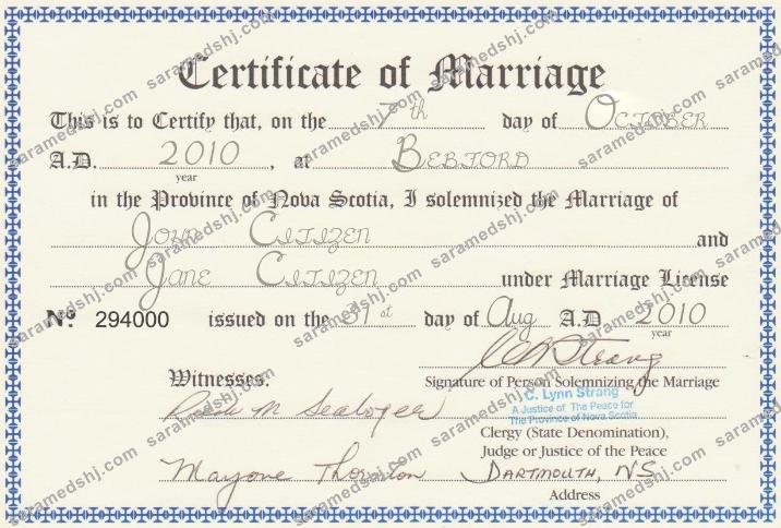 Canada Province of Nova Scotia marriage certificate template in PSD